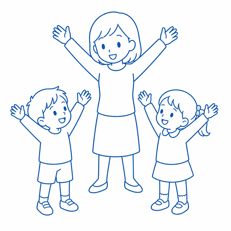 先生がお手本を見せ、子どもがそれをまねて身ぶりをつけながら話しているイラスト