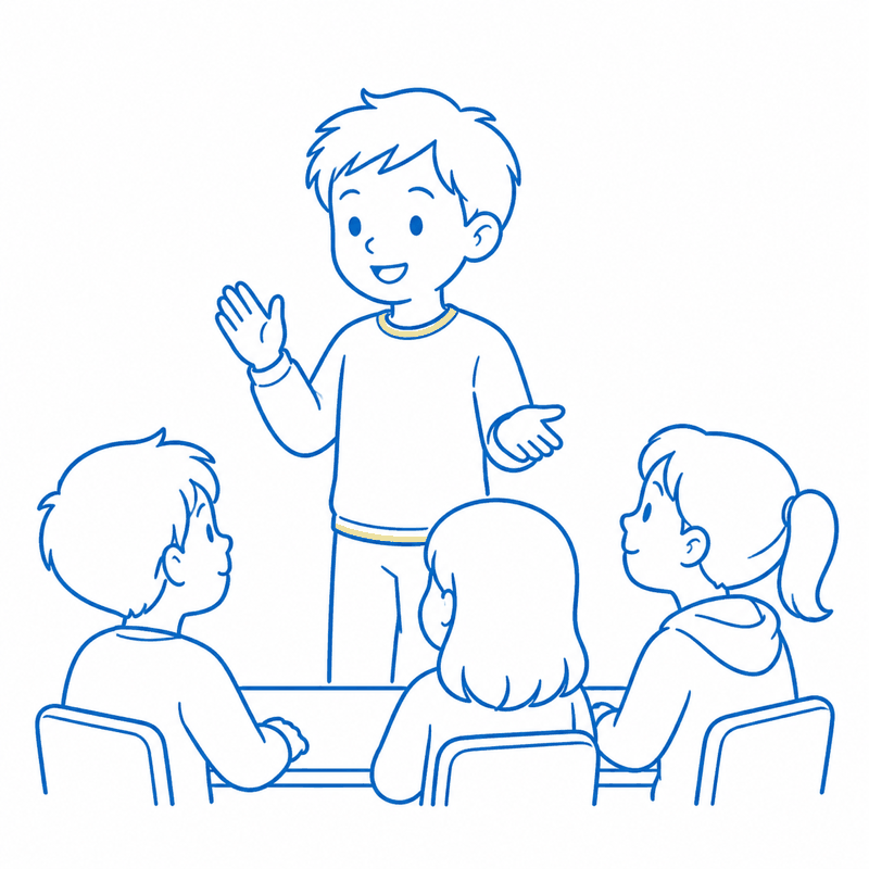 小学校高学年の子どもがみんなの前で自分の考えを発表しているイラスト