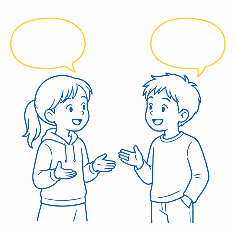 高学年の子ども2人が英語で会話しているイラスト