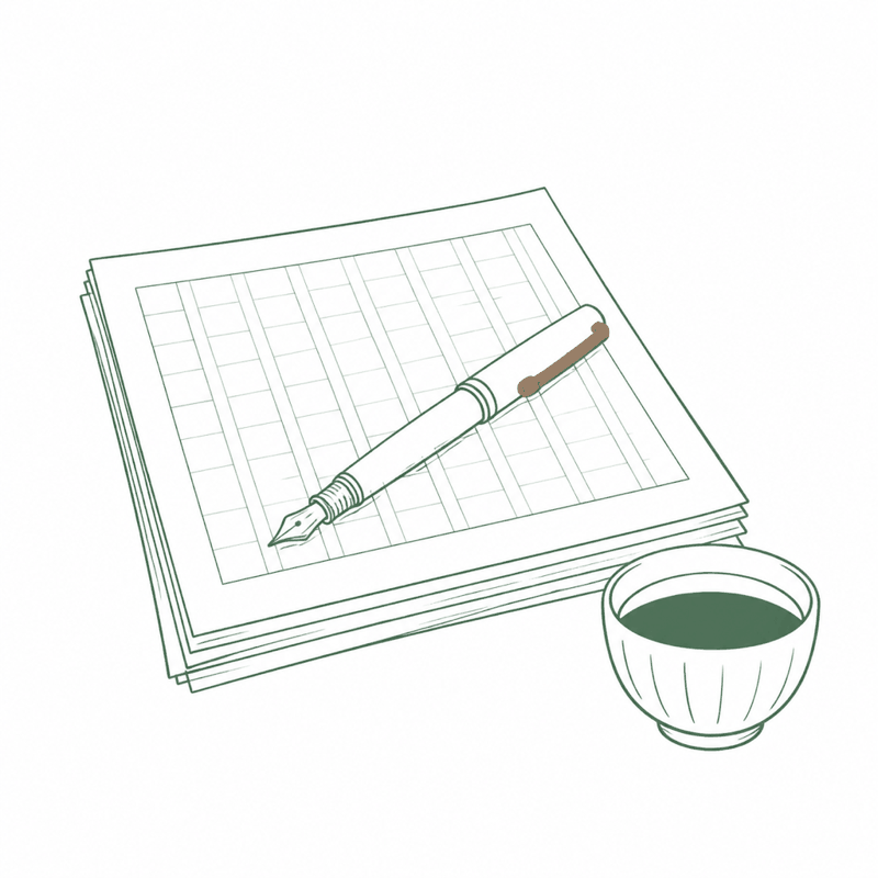 原稿用紙とペン、学習ノートのイラスト