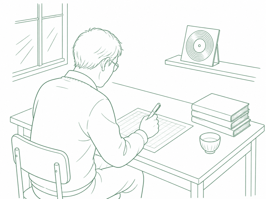 書斎で未来草子を書く塾長のイラスト